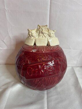Vintage "Three Little Kittens" Ceramic Ball of Yarn Cookie Jar - Burgundy Red